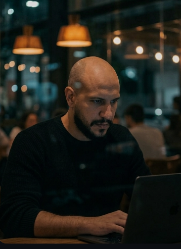 Eduardo Nassar trabalhando no notebook